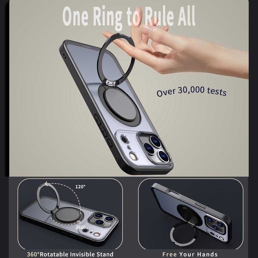 KEYSION Shockproof Matte Transparent Case for MagSafe for iPhone 17 Pro Max 360° Rotating Magnetic Ring Stand Phone Back Cover