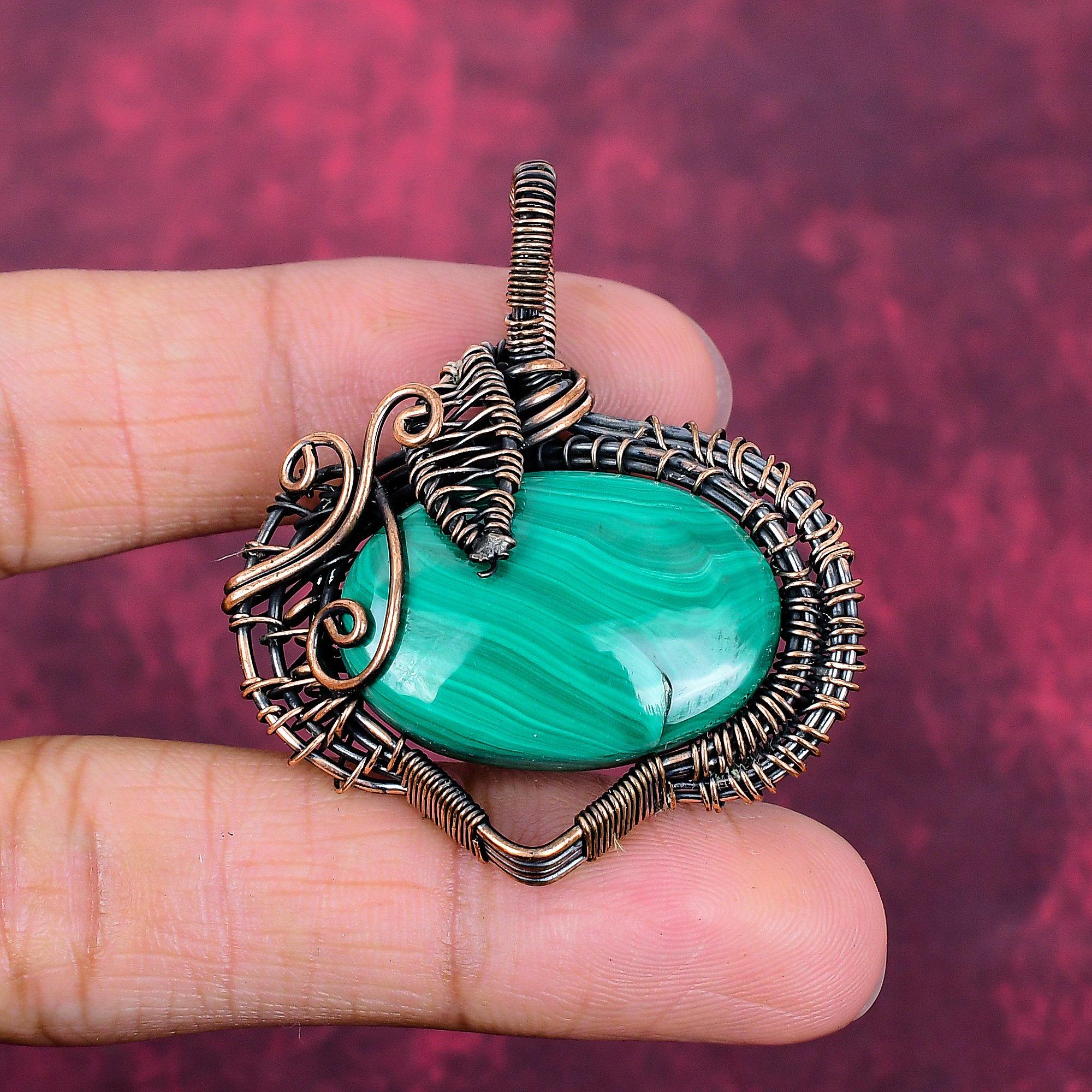 Malachite Gemstone Pendant Copper Wire Wrapped Pendant Handmade Antique Jewelry