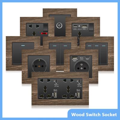 Retro Holzmaserung Wandschalter, 18W Schnell Typ C Wand 220V Steckdose, EU FR Europäische Steckdose mit USB-Ladegerät