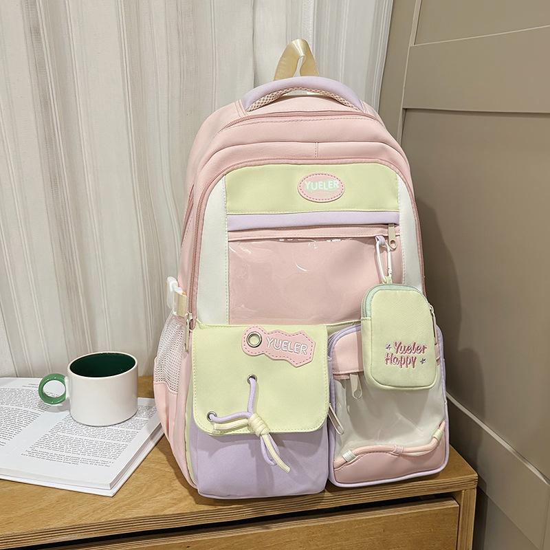 Japanese cute girl contrasting color backpack female Korean dopamine transparent color matching junior high school students large-capacity schoolbag