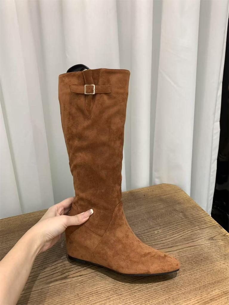 Inner Heightening Pointed Suede Pile Medium Boots Women's Boots 2025 Fall/Winter Brown Maillard Skinny Boots