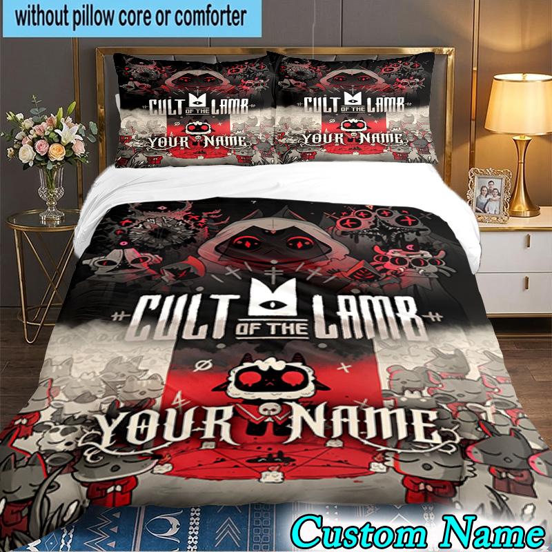 Custom Name 3PCS Cult Lamb Game Fantasy Bedding Set,Including  Duvet Cover And 2pcs Pillowcases Perfect for Bedroom,Dormitory,Fan Christmas gift