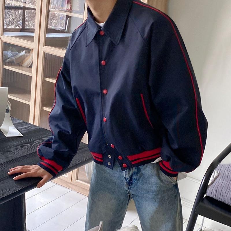 Short Lapel Jacket Men's Coat Autumn New Korean Style Loose Contrast Color Baseball Uniform Top