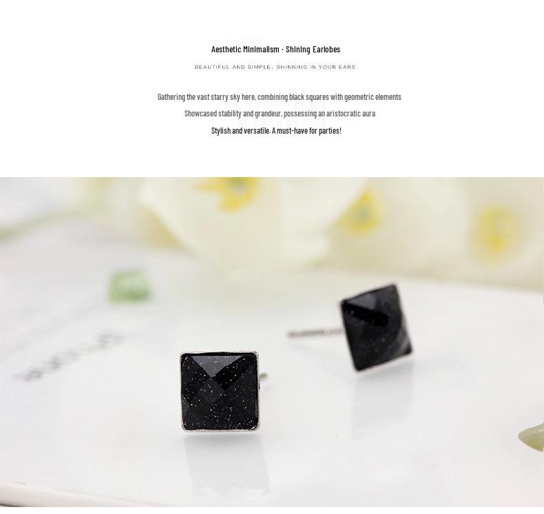 925 Sterling Silver Black Gold Sand Crystal Earrings, Korean Style Fashion Men's Studs