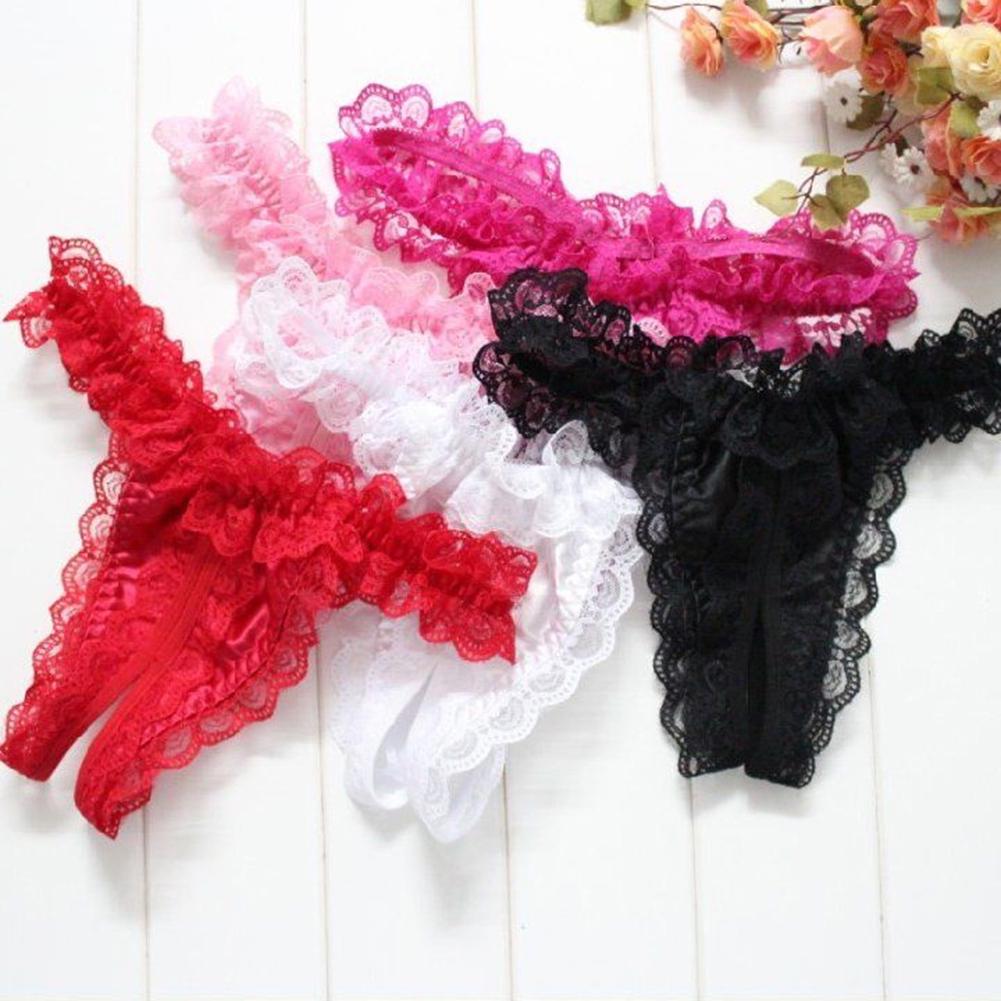 Women Sexy Thongs Briefs Open Crotch G-string Floral Lace Panties Underwear