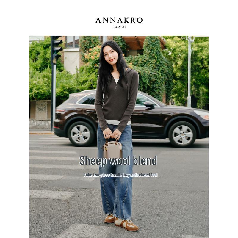 

JUZI Annakou Женский вязаный свитер из смесовой шерсти с капюшоном, цветной блок, имитация двойки 2XL