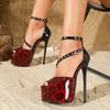 16cm Stiletto Heels Pumps Women Sexy Leopard Color Block Ankle Strap Peep Toe Party Night Club Shoes Super High Heels for Women