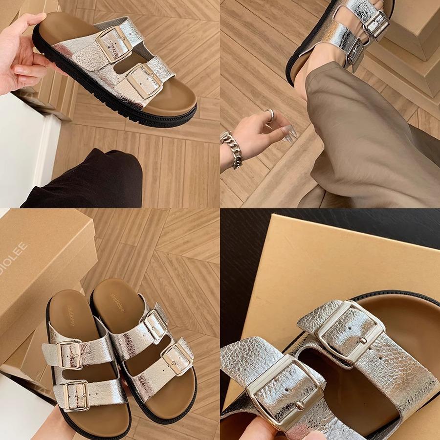 Cowhide version~ Summer new one-word with square buckle thick-bottomed beach slippers women's sandals