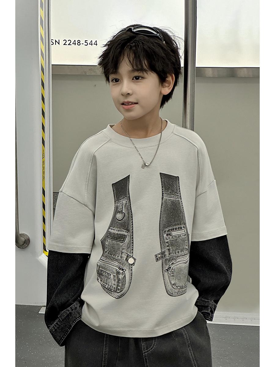 

2025 Autumn Boys Denim Patchwork Cotton Long T-Shirt - Trendy, Loose, Casual Fit 160 cm серебряный серый