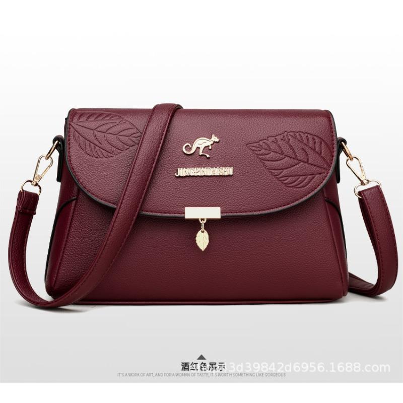 New soft leather texture large capacity single shoulder oblique span women's bag versatile fashion embossed leaf small square bag