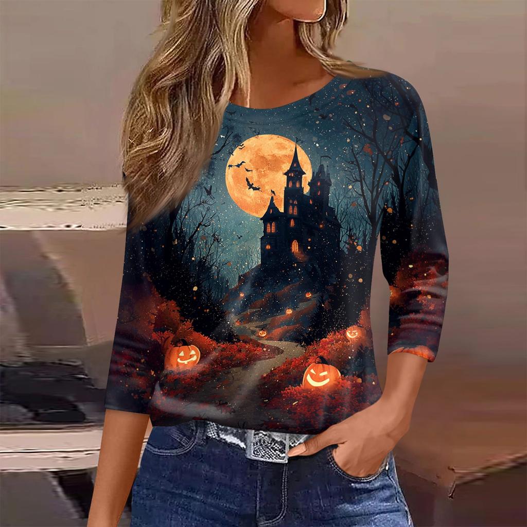 Women’s Casual Halloween Print Crew Neck Three Quarter Sleeve Tee Shirt Top with and Pumpkin Design for Autumn