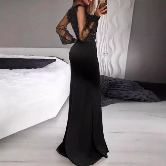 Kadınlar için Seksi Bodycon Maksi Elbise V Yaka Uzun Kollu File Payetli Elbise Fırfırlı Yan Yırtmaç Düğün Konuğu Kokteyl Parti Elbisesi