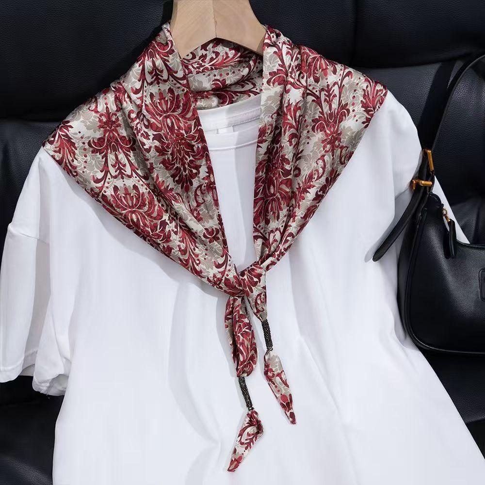 New simulated silk triangle scarf women's cashew flower small shawl neck protection silk scarf scarf fashion versatile scarf
