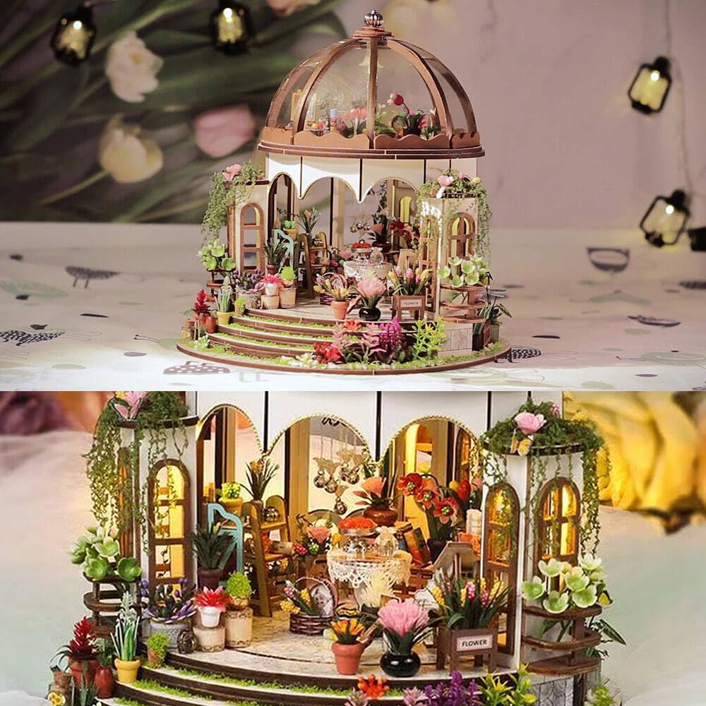 Moin Moin Dollhouse Miniature DIY Kit Set Scale Glass Dome Greenhouse Florist Garden Greenhouse Flowers Round LED Light 2508dh466 [English