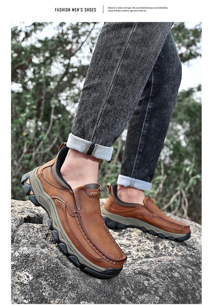 Men's Four Seasons Leather Slip-On Loafers: Thick Sole, Wear-Resistant, Casual Outdoor Shoes
