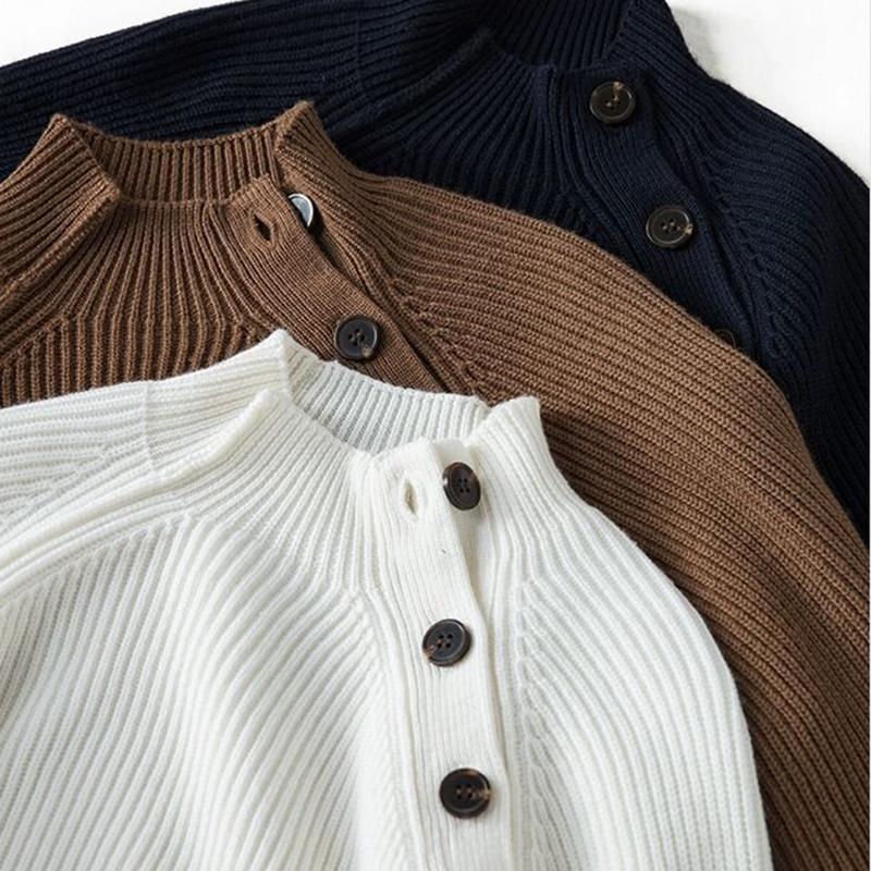 Women Loose Button Solid Color Half High Collar Sweater Korean Temperament Knitted Sweater Women's Tops Bottoming Sweater Sweater Autumn and Winter