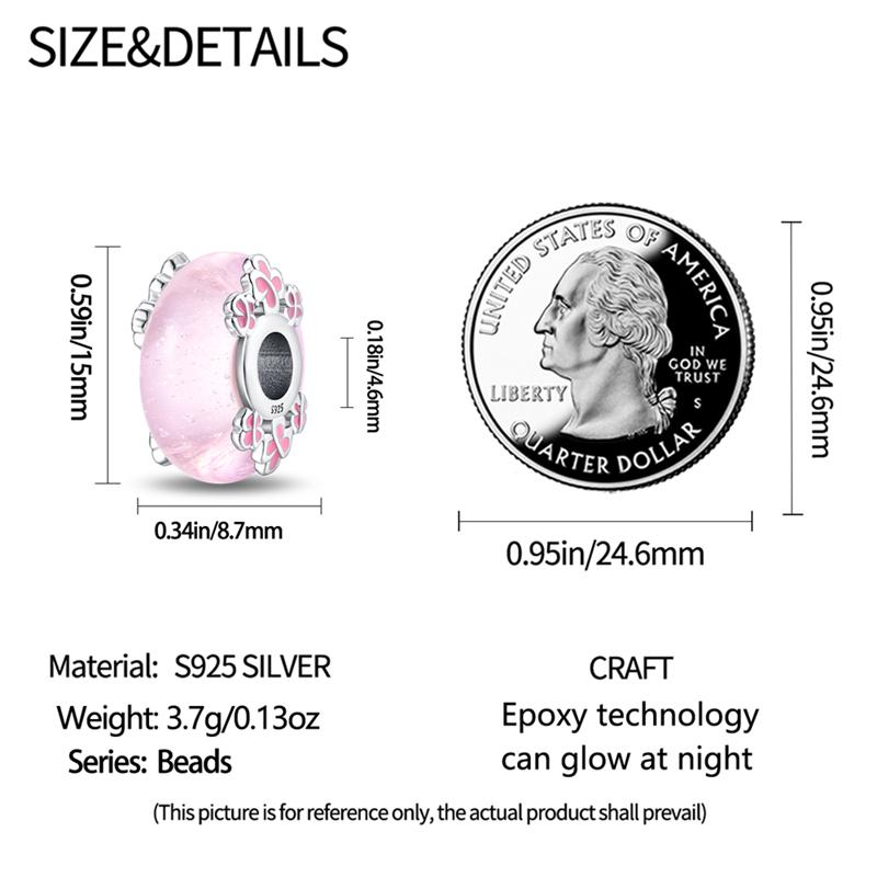 925 Silver Charms Bead Luminous Pink Glass Dangle Fit Original Bracelet DIY Women Jewelry Gift
