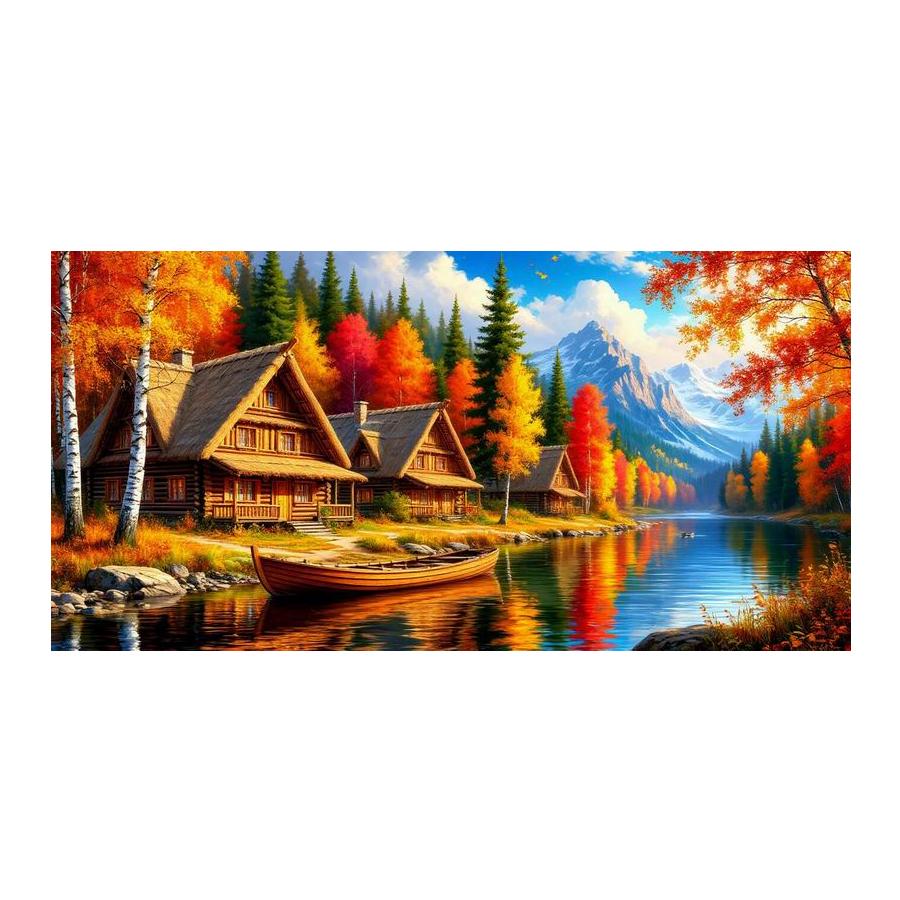 Diamond Mosaic Riverside Wooden House Scenery Large Size Diy Diamond Painting Full Drill Autumn Jewelry Cross Stitch Kits Wall Decor