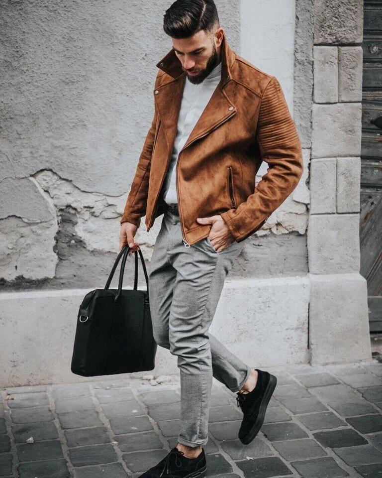 

Коричневая замшевая куртка мотоциклетная из натуральной кожи ягненка ручной работы мужская байкерская на молнии 3XL коричневый