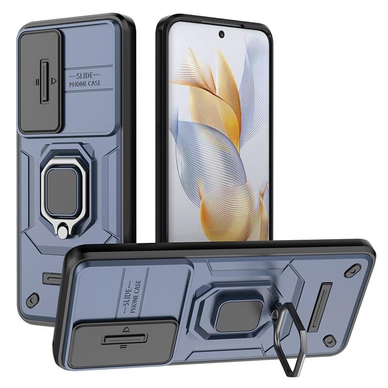 For Honor 90 Case PC+TPU Ring Kickstand Cellphone Cover with Slide Lens Guard