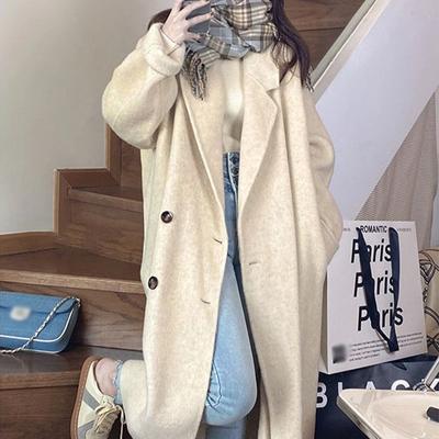 Fleece dámský vlněný kabát na podzim a zimu Nové korejské volné středně dlouhé vlněné kabáty ve stylu hepburn Office Lady