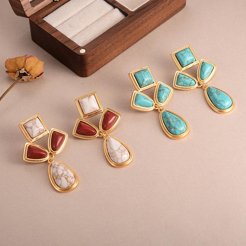 Natural stone geometric fringed earrings personalized niche retro high sense medieval vintage design sense women's earrings