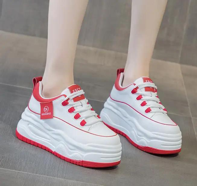 

Fashion High quality 7CM Cow Genuine Leather Chunky Sneakers Loafer NewSpring Women Casual Platform Wedge Flats Autumn Vulcanize Shoes 40 красный