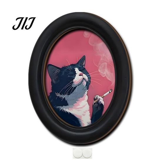 Decorative Wall Accents for Living Room Abstract Art Cat Decor, Oval 2D Wood Framed Funny Painting Unique Prints Print, Vintage Ornament Bedroom Home