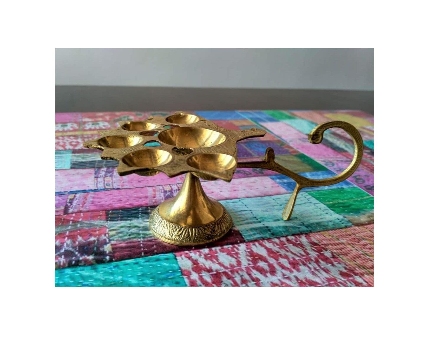 Панчмукхи Дипак (Дия) из Латуни с Ручкой, Panchmukhi Deepak (Diya) With Brass Handle, Kalyan Puja