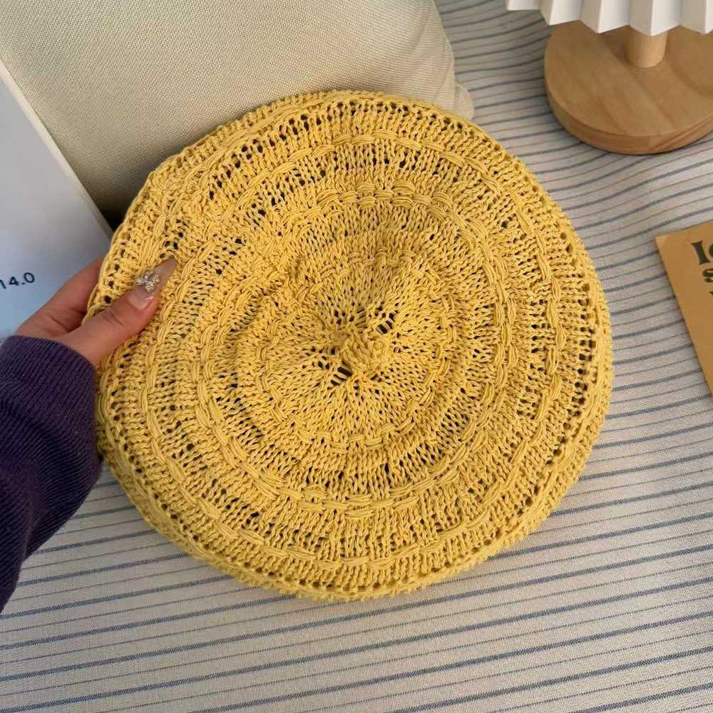 New Retro Style Beret Cap Breathable Hollow Bonnets Cap Polyester Solid Color Sun Hat