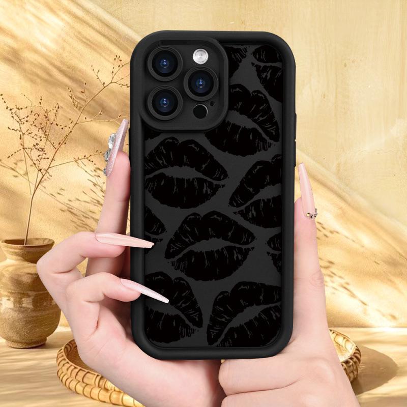 Cross-Border Black Lips iPhone Case for Models 13-16, Bamboo Design, Soft X