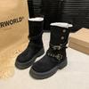 Mid-calf Square Heel Modern Boots Winter Slip-on 2024 High Quality Ladies Shoes Round Toe High Heel Buckle Punk Women's Boots