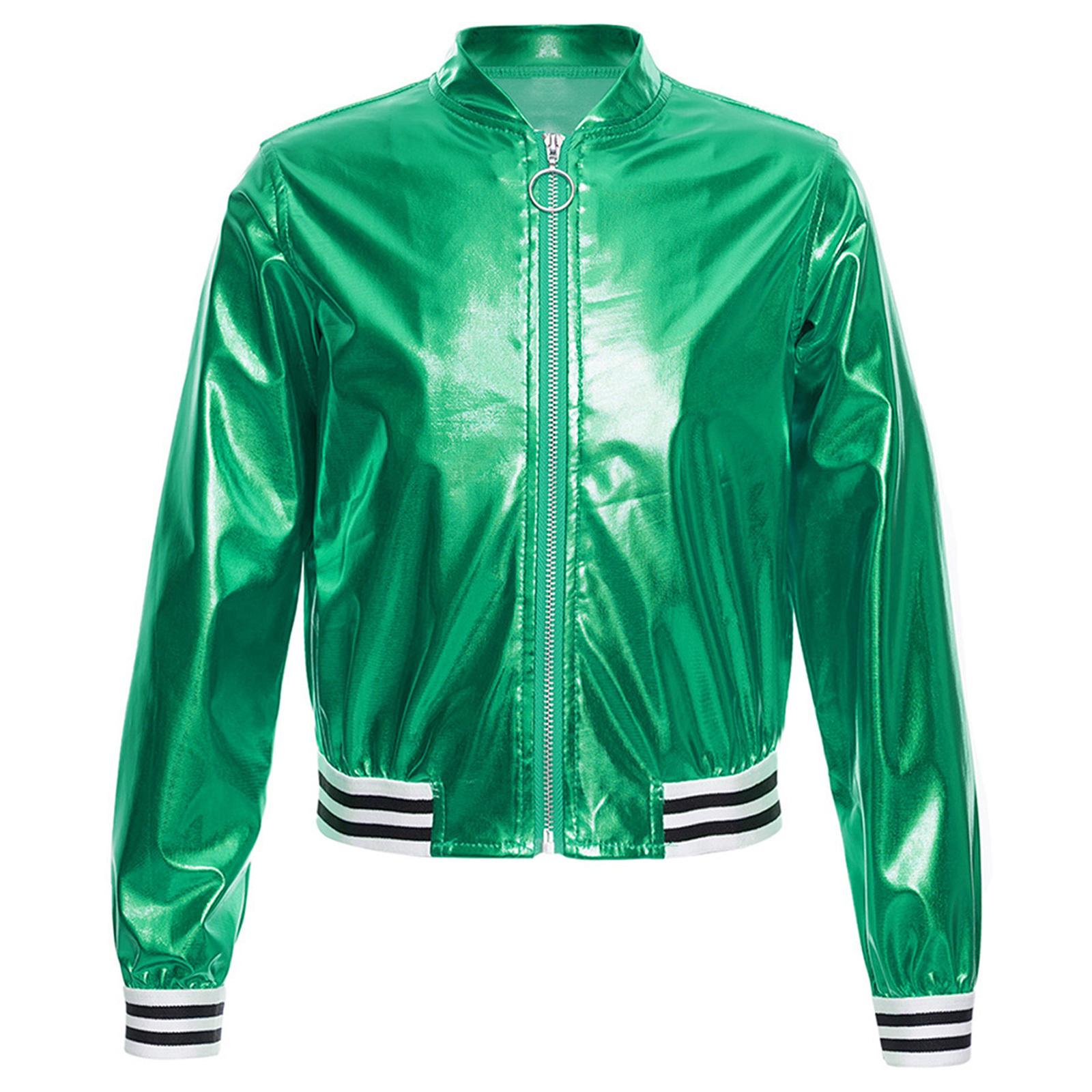 

Girls Long Sleeve Outerwear Stand Collar Patchwork Style Zipper Closure Striped Edge Bronzing Cloth Jacket 5-6 Years зелений