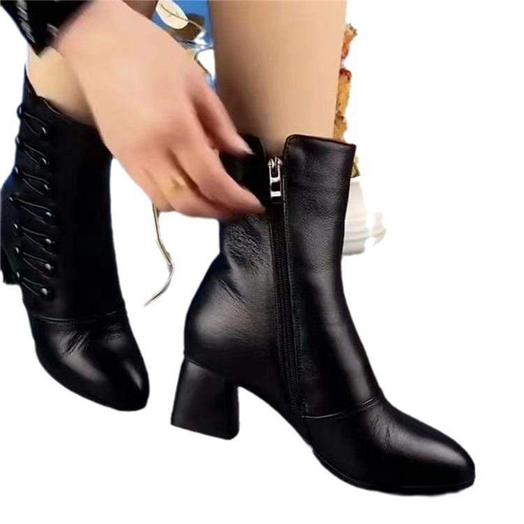 Damer Britisk Stil Snøresko Flate Skinny Støvletter Vinter Korte Støvletter Casual Lærstøvletter Korte Støvletter