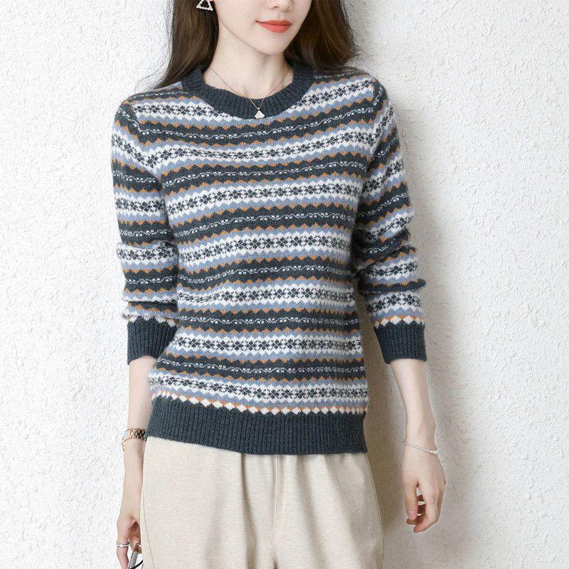 Korean Fashion Autumn Winner Sweaters New Women's O-Neck Striped Jacquard Weave casual Long Sleeve Loose Pullovers Knitted Tops