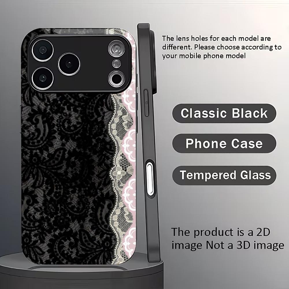 Luxury Black Floral Lace phone case mobile phones for iphone 17 pro max cover Glass for iPhone 17 16 15 14 13 12 11pm Pro Plus