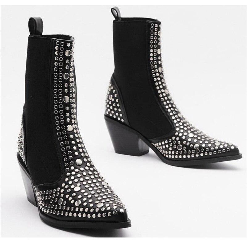 Design  High Quality Square Heels Classic Fashion Rivets Elastic Ankle Boots Shoes Women Chelsea Boots