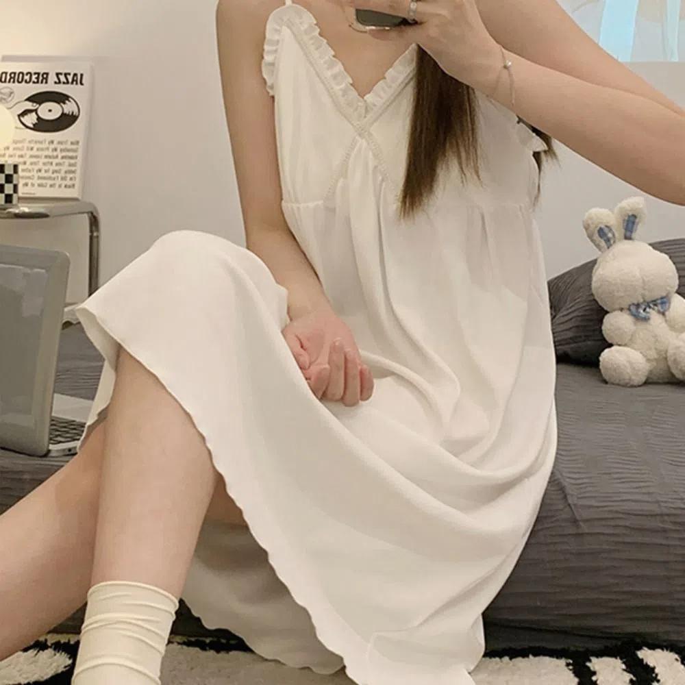 Sleeveless Women's Pajama Dress Ruffle Sling Nightgown Fashion Suspender Nightdress  Summer