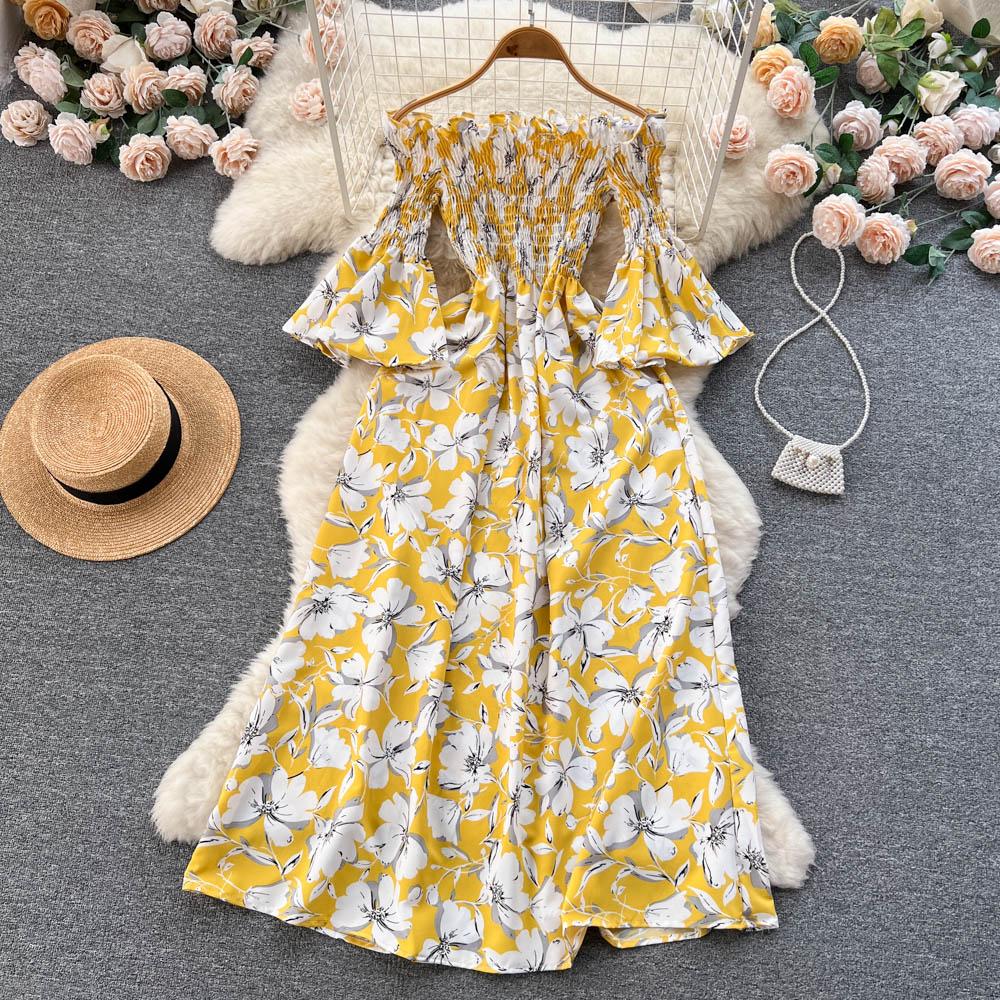 Floral Print Strapless Dress Women French Slash Neck Flare Sleeve Elastic Waist Lady Vacation Fashion Slm A Line Dress
