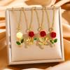 Titanium Steel Rose Flower Pendant Necklaces, Gold Plated Enamel Romantic Jewelry for Daily Wear & Gift