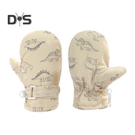 1 Pair Children Winter Mittens Thick Plush-lined Windproof Cartoon Dinosaur Cold Weather Outdoor Gloves Adjustable Fasten Strap Anti-Slip Ski Gloves