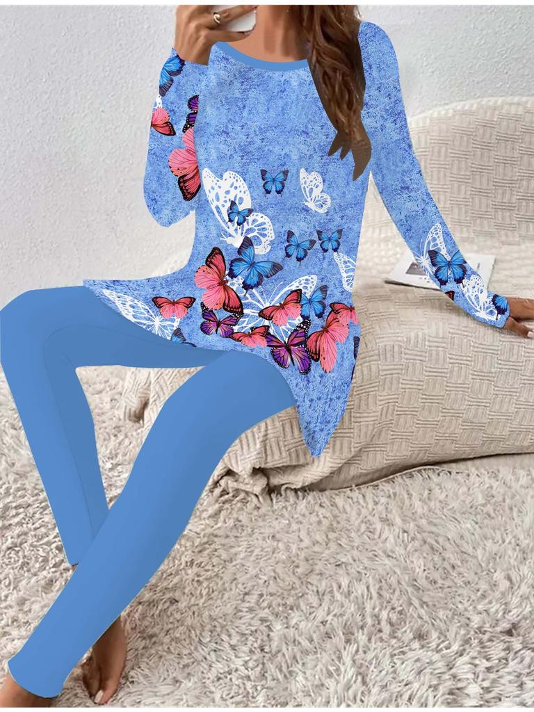Euro-amerikanische Mode 3D Schmetterling bedrucktes Damen Vier-Jahreszeiten Langarm-T-Shirt + Lange Hose Zweiteiler. Perfektes Geschenk für Neujahr & Weihnachten