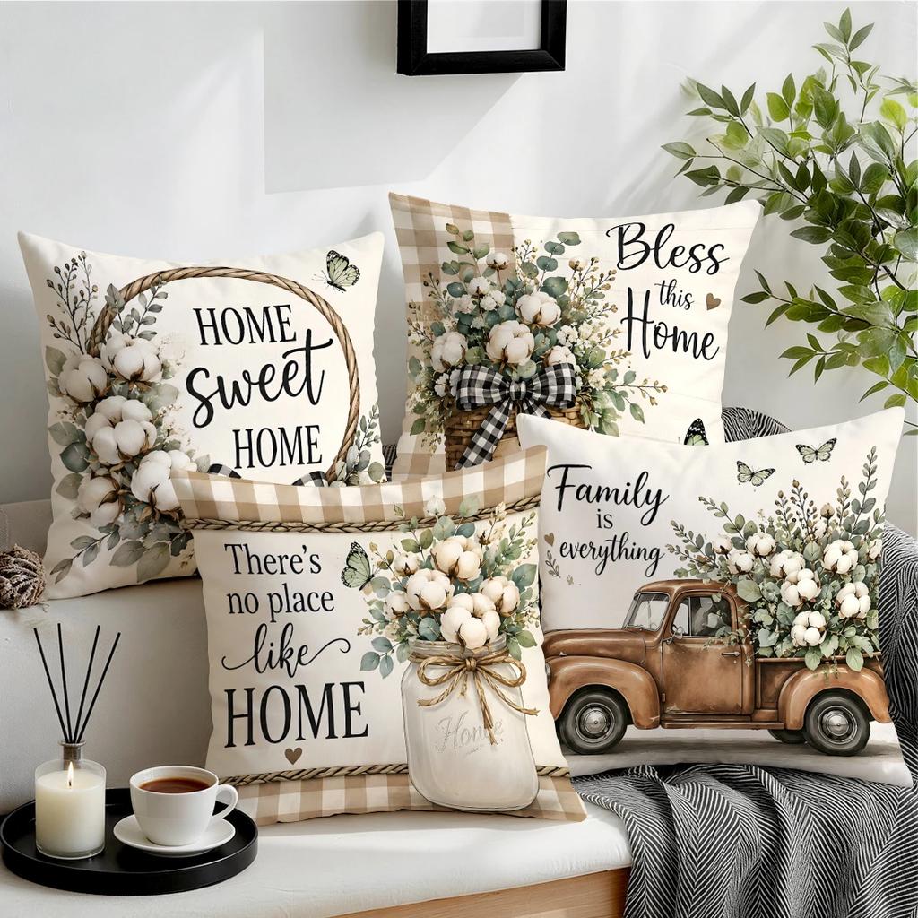 1pcs/4pcs Country Truck Cotton Plaid Cushions Pillowcase Polyester Cushion Cover Throw Pillow Pillowcover Home Car Sofa Decor