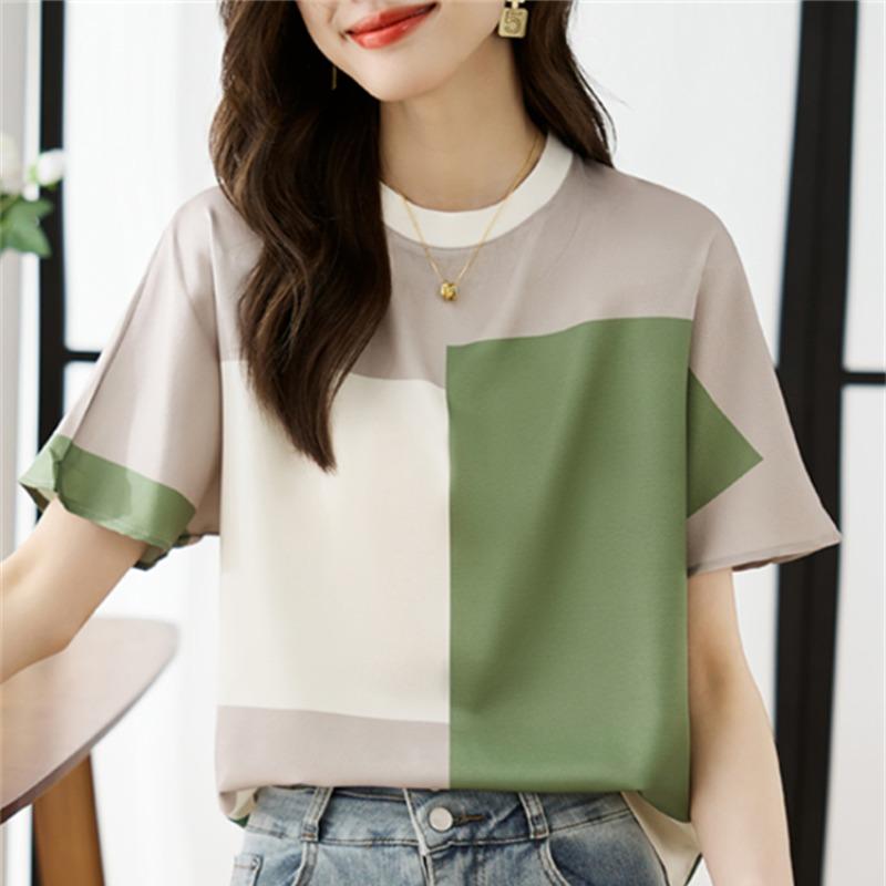 

Французский стиль легкая роскошь летняя женская футболка с круглым вырезом, пэчворк, контрастный цвет, модная футболка с коротким рукавом из тутового шелка S зелёный