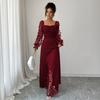 Women's Square Neck Lace Long Sleeve Fitted Waist Split Formal Dress