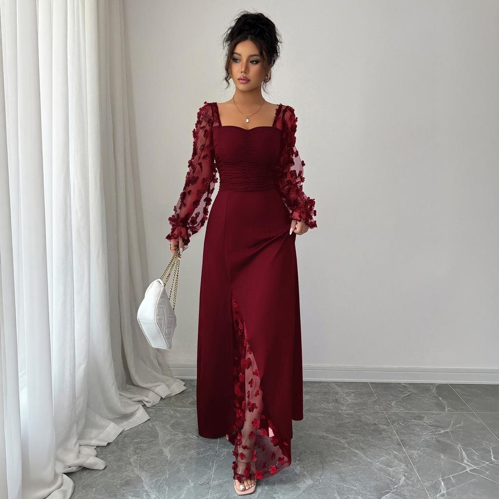 Women's Square Neck Lace Long Sleeve Fitted Waist Split Formal Dress