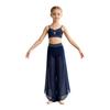 Kids Girls Lyrical Dance Pants Shiny Rhinestone Waistband Side Split Mesh Trousers for Stage Performance Competition