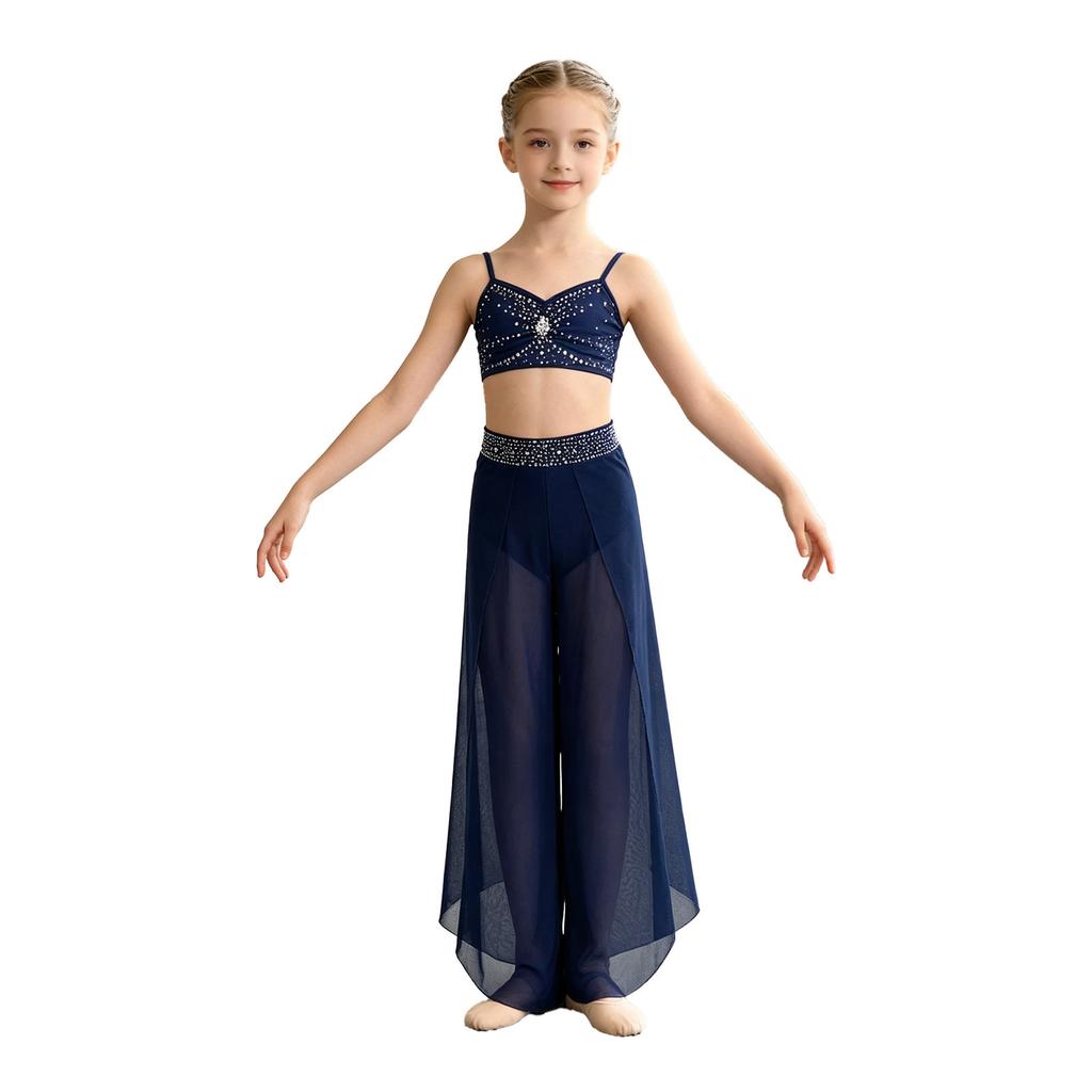 Kids Girls Lyrical Dance Pants Shiny Rhinestone Waistband Side Split Mesh Trousers for Stage Performance Competition