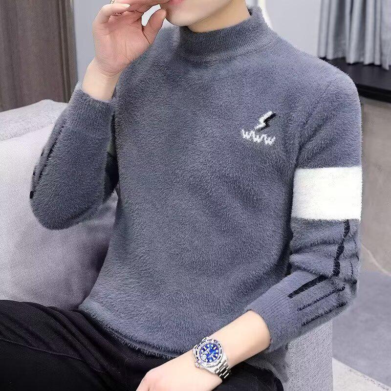 

Men s Trendy Color Block Half-High Collar Mink Velvet Sweater - Winter Casual Knitwear XXXL сірий колір