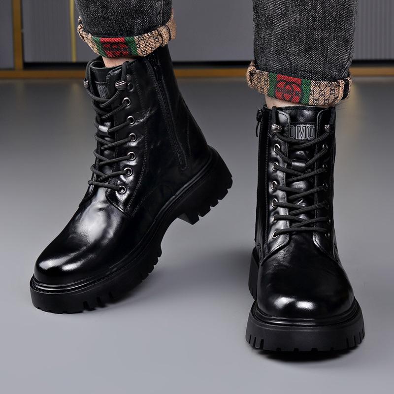 Men's Trendy Wool-Lined Cowhide High-Top Martin Boots with Side Zipper - Casual and Warm.